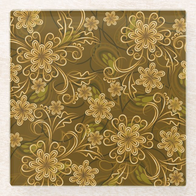 Golden vintage floral pattern glass coaster (Front)