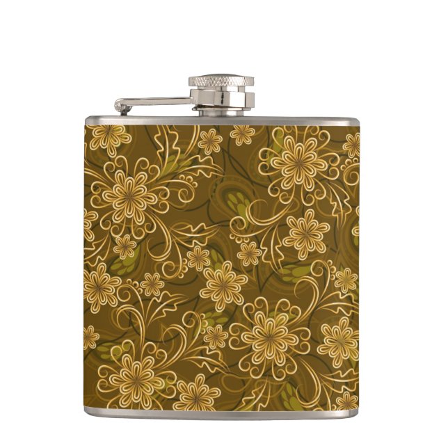Golden vintage floral pattern hip flask (Front)