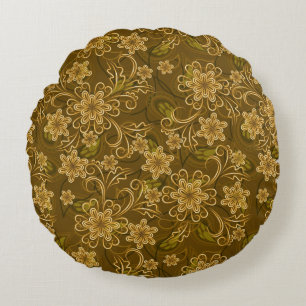 Golden vintage floral pattern round cushion