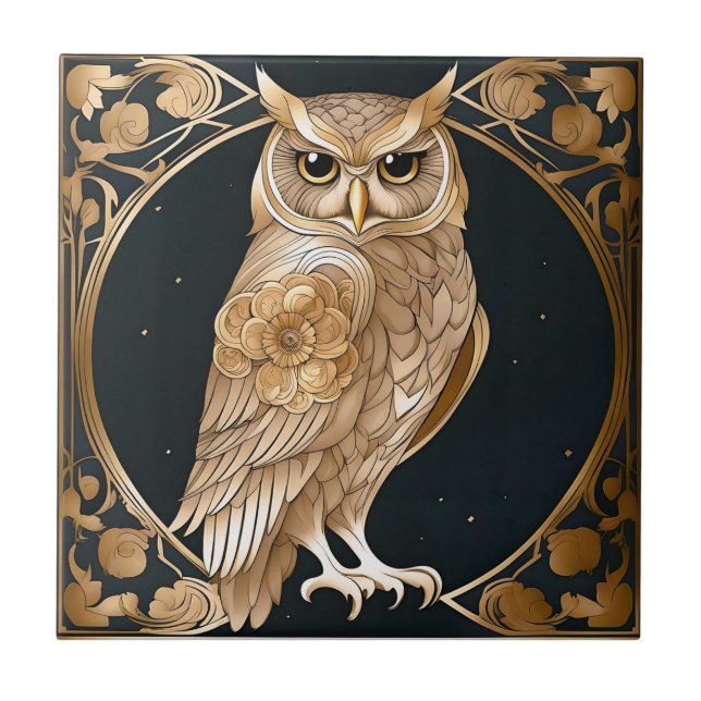 Golden Vintage Owl Art Deco Tile (Front)