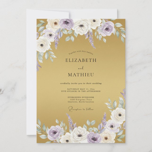 Golden Violet Anemone Wedding Invitation (Front)