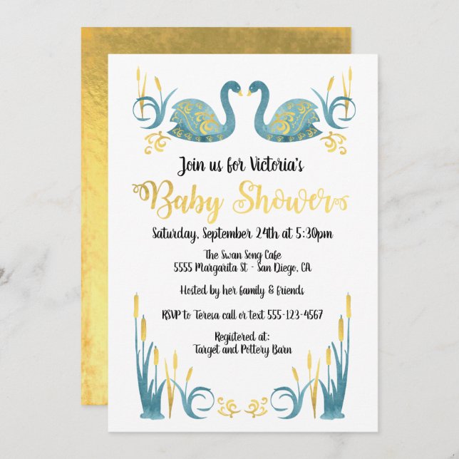 Golden watercolor Swans Baby Shower Invitation (Front/Back)