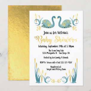 Golden watercolor Swans Baby Shower Invitation