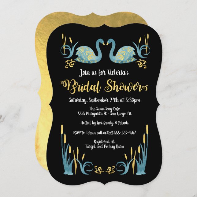 Golden watercolor Swans Bridal Shower Invitation (Front/Back)