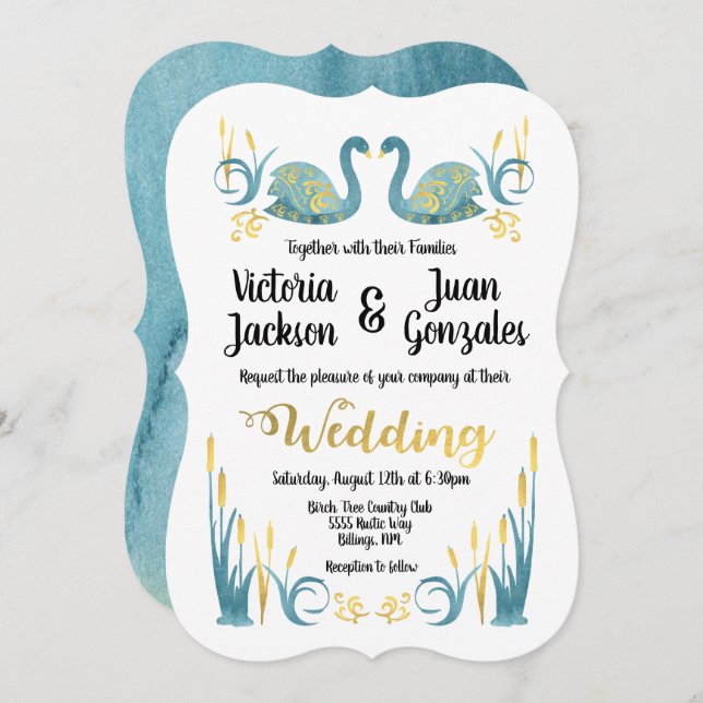 Golden watercolor Swans Wedding Invitations (Front/Back)
