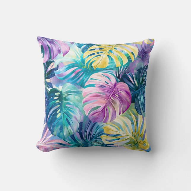 Golden Watercolor Tropical Leaves Paradise Cushion (Front)