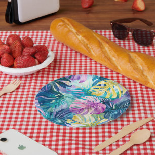 Golden Watercolor Tropical Leaves Paradise Paper Plate