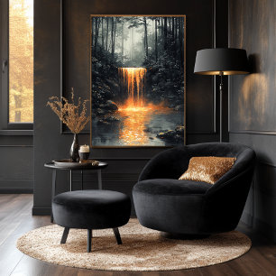 Golden Waterfall in Mystical Forest Poster
