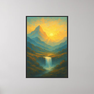 Golden Waterfall Mountain Landscape Wall Art
