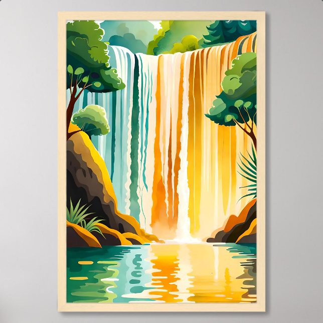 Golden Waterfall Painting with Rocky Surrounding Poster (Golden Waterfall Painting with Rocky Surrounding)