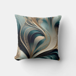 Golden Wave - Teal and Gold Abstract Art Cushion