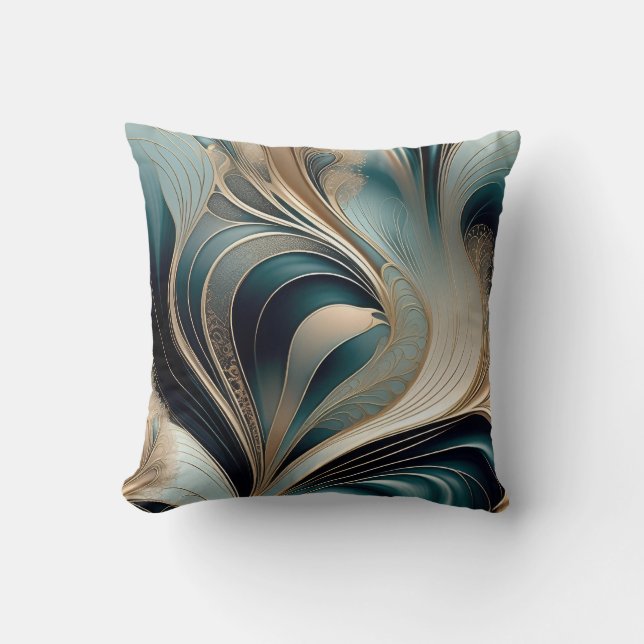 Golden Wave - Teal and Gold Abstract Art Cushion (Front)