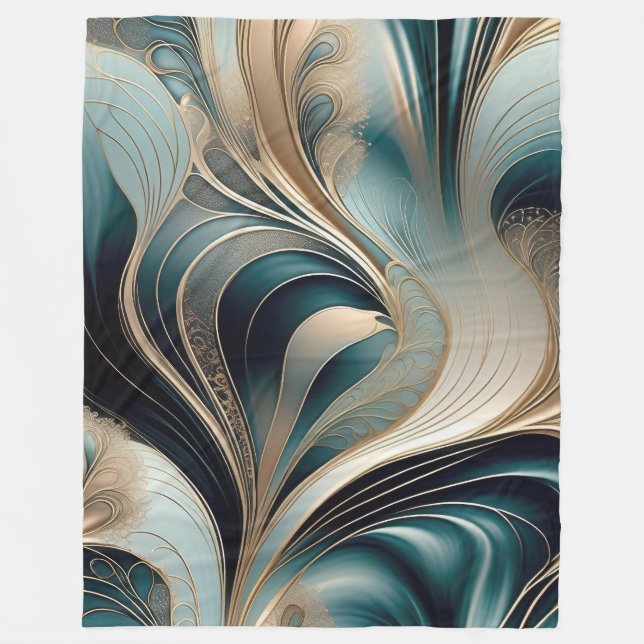 Golden Wave - Teal and Gold Abstract Fleece Blanket (Front)