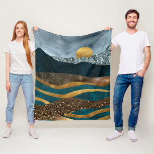 Golden Waves Under Moonlit Mountains Fleece Blanket