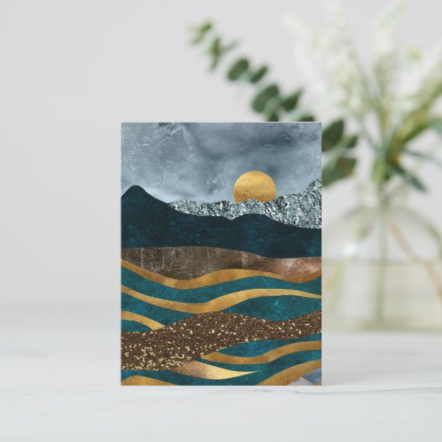 Golden Waves Under Moonlit Mountains Postcard (Standing Front)