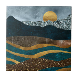 Golden Waves Under Moonlit Mountains Tile