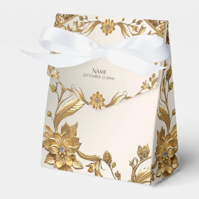 Golden Wavy Leaves Floral Favour Box (Front Side)