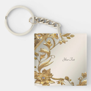 Golden Wavy Leaves Floral Keychain