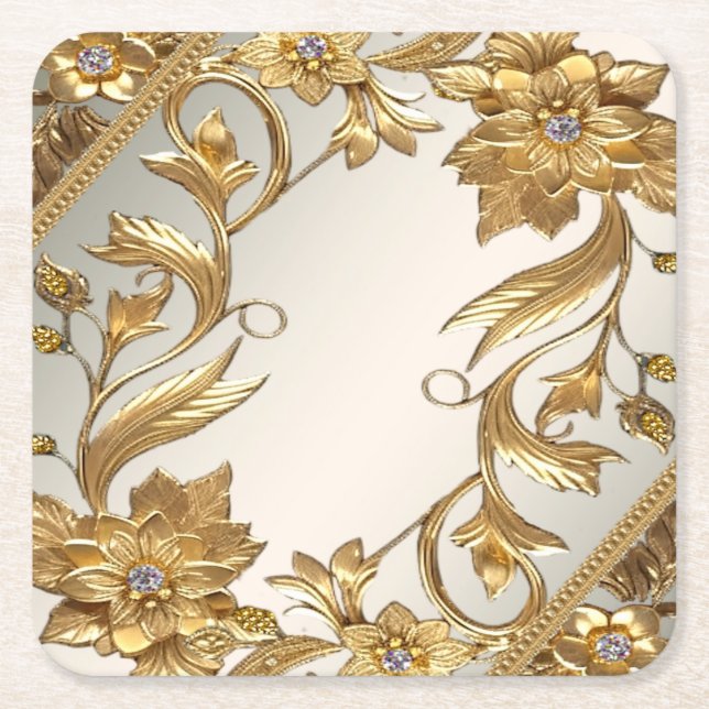 Golden Wavy Leaves Floral Paper Coaster (Front)