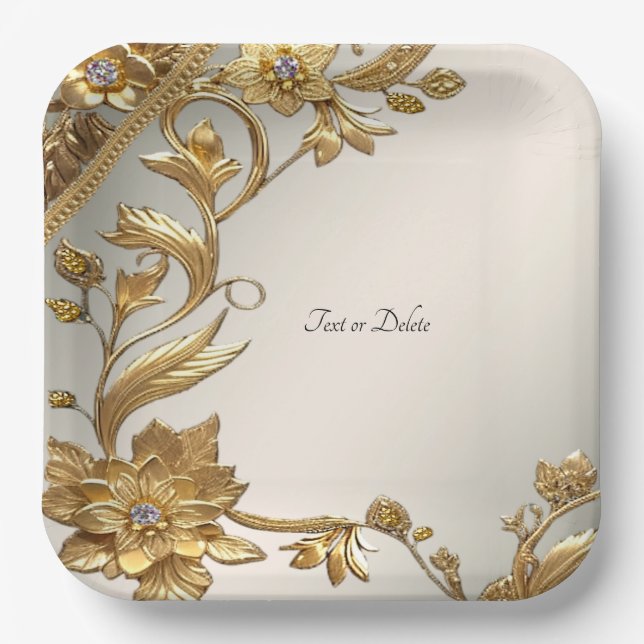 Golden Wavy Leaves Floral Paper Plate (Front)