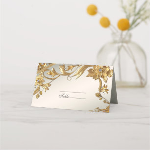Golden Wavy Leaves Floral Place Card