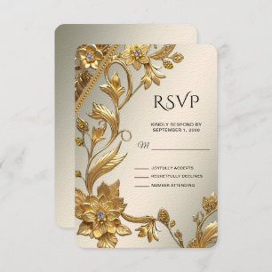 Golden Wavy Leaves Floral RSVP Card