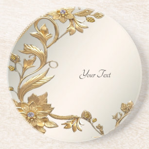 Golden Wavy Leaves Floral Sandstone Coaster