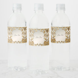 Golden Wavy Leaves Floral Water Bottle Label