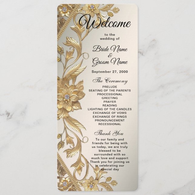 Golden Wavy Leaves Floral Wedding Program Programme (Front)