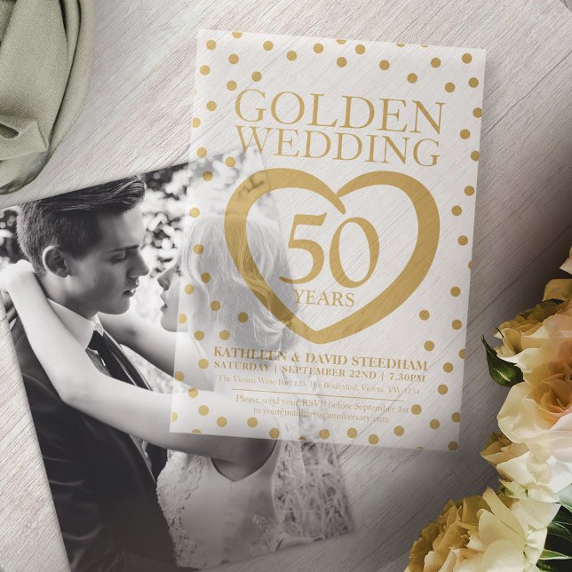 Golden wedding anniversary 50th gold coloured hear vellum invitations (Creator Uploaded)
