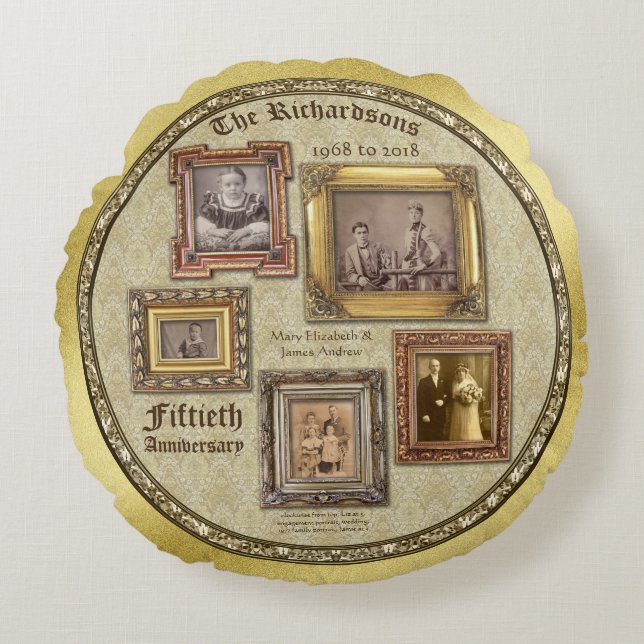 Golden Wedding Anniversary Antique Photo Collage Round Cushion (Front)