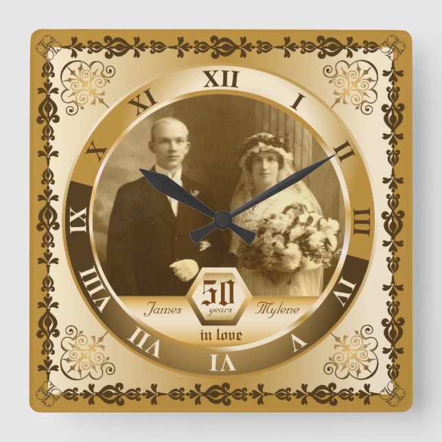 Golden Wedding Anniversary Custom Photo Ornate Square Wall Clock (Front)