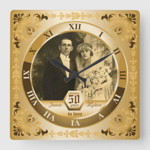 Golden Wedding Anniversary Customisable Photo Gift Square Wall Clock