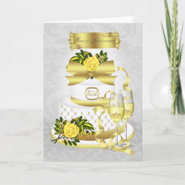 Golden Wedding Anniversary Greeting Card With Cake (Front)