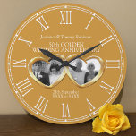 Golden wedding anniversary past present photo large clock<br><div class="desc">Customised golden wedding anniversary clock personalise with your couples photos then and now, year of marriage and names or relationship to you. The example reads Jasmina and Tommy Robinson 50th Golden Wedding Anniversary and your marriage and current date. Other matching items are available. Double golden metal heart effect art and...</div>