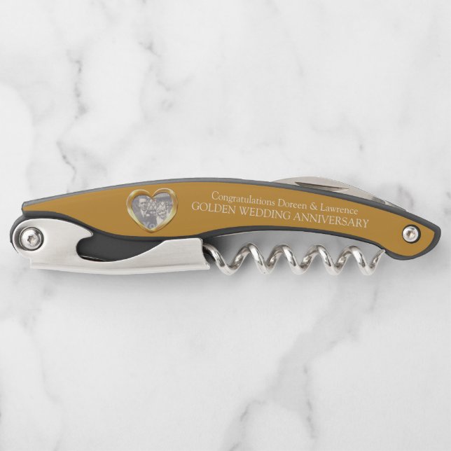 Golden wedding anniversary photo heart corkscrew (Front)
