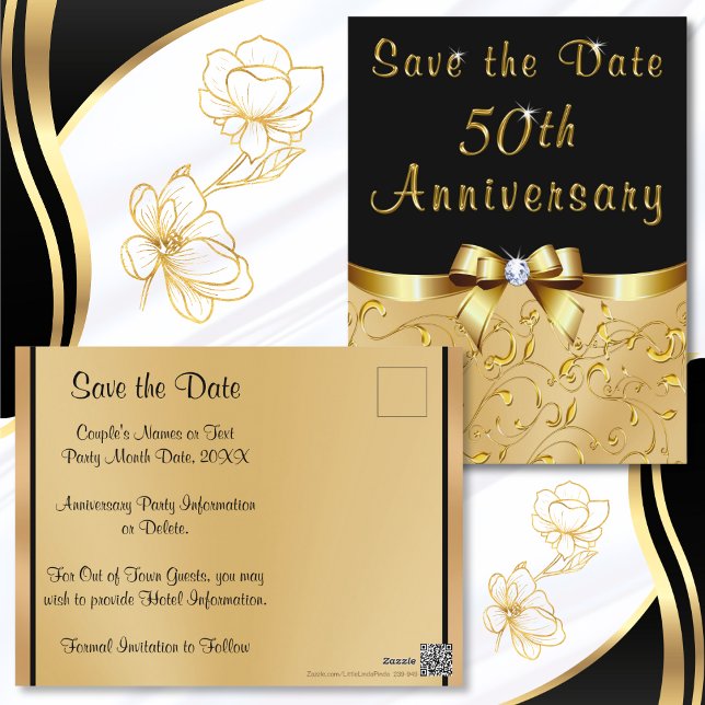 Golden Wedding Anniversary Save the Date Cards (Cheap, 50th anniversary Save the Date Post Cards. Black and  Gold Save the Date Post Cards. 50 year.)