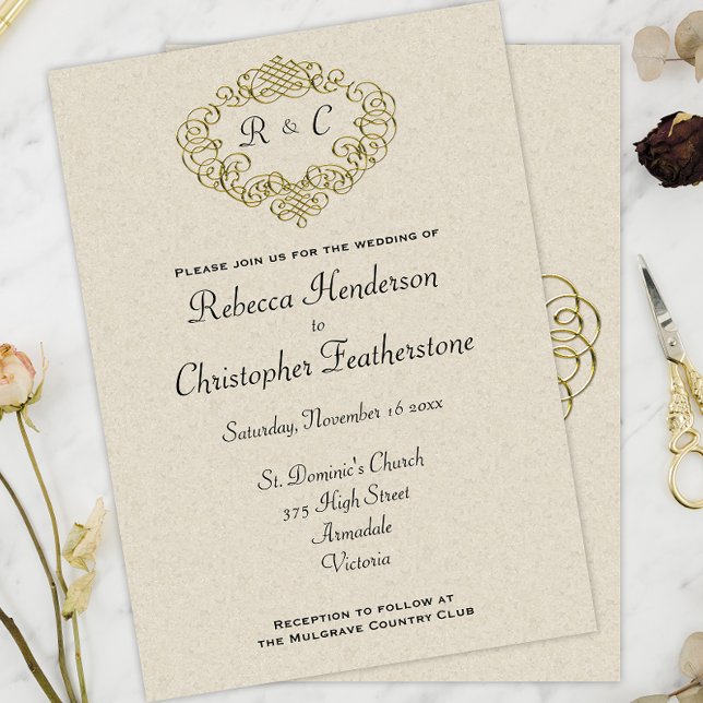 Golden Wedding Crest Monogrammed Elegance Wedding Invitation (Creator Uploaded)
