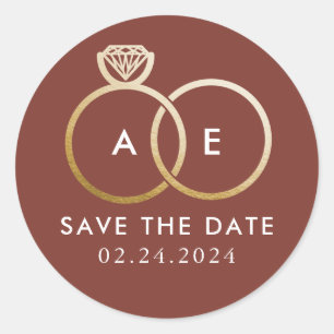 Golden Wedding Rings on Earthy Red Save the Date Classic Round Sticker
