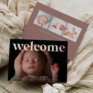Golden Welcome   Rose Gold Foil Birth Announcement