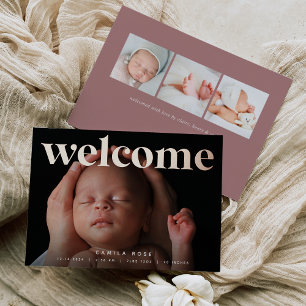 Golden Welcome   Rose Gold Foil Birth Announcement