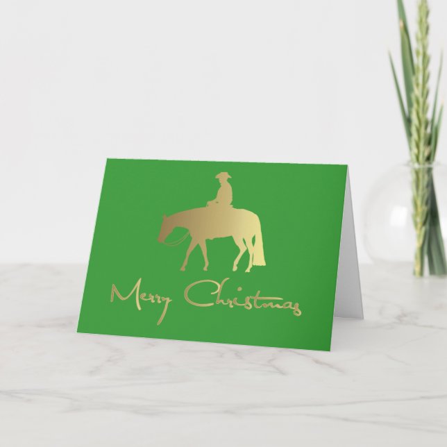 Golden Western Pleasure Horse Green Christmas Holiday Card (Front)