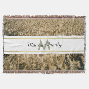 Golden Wheat Field Striped Rectangle Monogram Throw Blanket