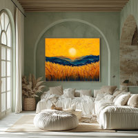 Golden Wheat Fields at Sunset, Oil Style Painting 