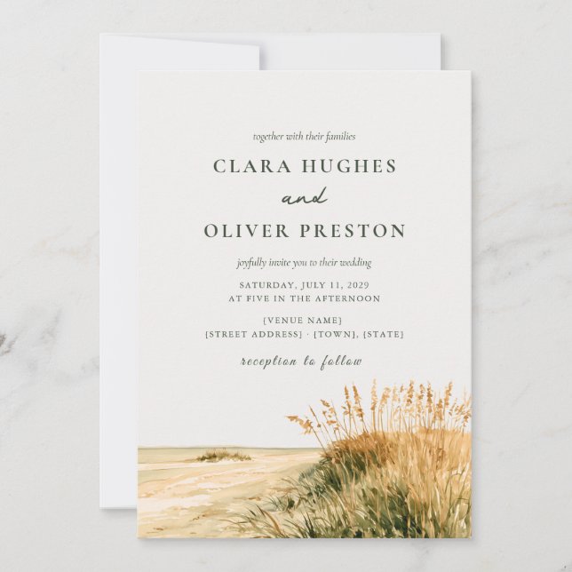 Golden Wheat Sage Script Sea Oats Coast Wedding  Invitation (Front)
