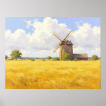 Golden Wheat Windmill Impressionist Oil Painting
