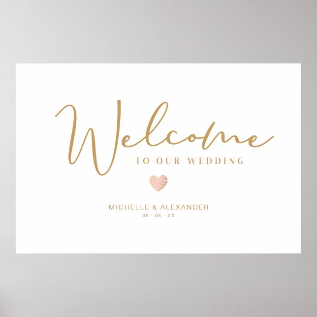 Golden Whimsical Welcome Guests Wedding Pink Heart Poster (Front)