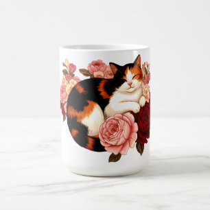 Golden Whiskers: Calico Cat in Rose Reverie Coffee Mug