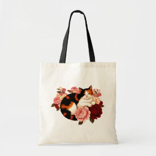 Golden Whiskers: Calico Cat in Rose Reverie Tote Bag