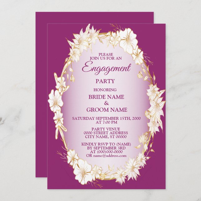 Golden White Floral Pink Rustic Engagement Party  Invitation (Front/Back)